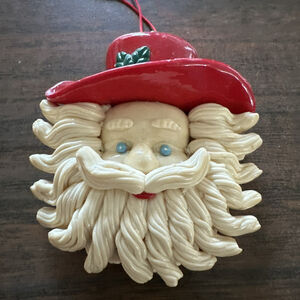 Vintage Cowboy Santa Face Clay Dough Ornament Curly Cute Red Hat Large 4" Gift
